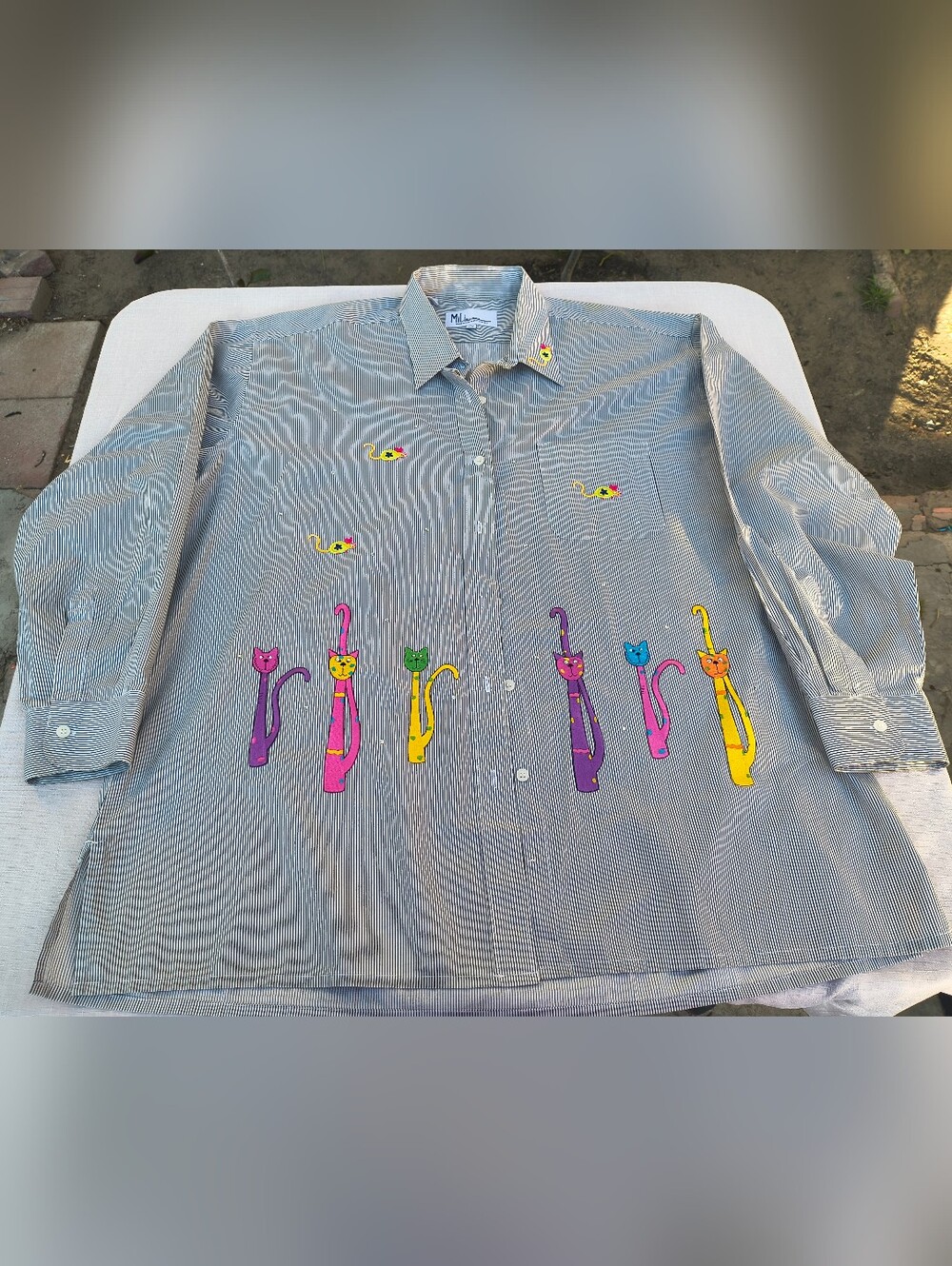 Vtg Mili Designs Striped Shirt Colorful Jeweled Embroidered Cat & Mouse Design